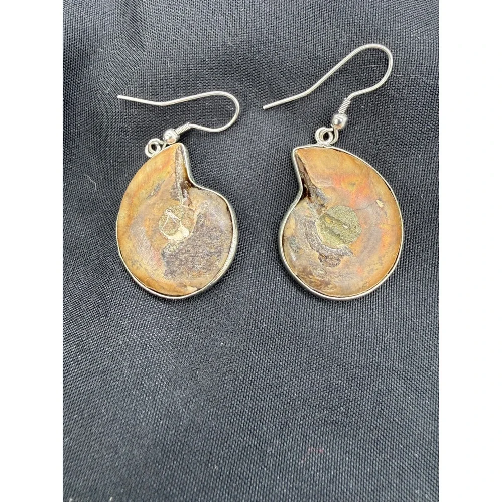 Natural Ammonite Fossil Dangle Earrings Polished Spiral Earthy Boho Brown Gift